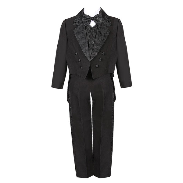 Big Boys Black 5 Piece Vest Pants Tail Jacket Jacquard Tuxedo Suit 8-14 - SophiasStyle.com